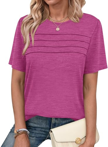 PLMOKEN Blusas Mujer Verano Camisetas Manga Corta Cuello Redondo T-Shirt | Pliegues en el pecho, basicas top, elegante, casual, versátil para uso diario