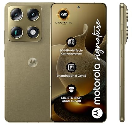 Motorola Signature Smartphone (6,78-Super-HD+-Display, Corning Gorilla Glass Victus2, 4x 50-MP-Kameras, 16/512GB, 5100mAh, 90W-TurboPower + 50W kabelloses Aufladen) PANTONE Martini Olive, inkl. Cover