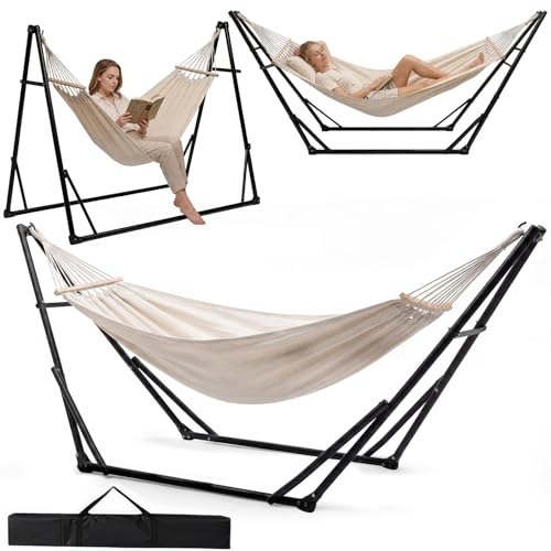 NBYTLT Adjustable Hammock with Stand, Foldable Double Cotton Canvas Hammock with Carry Bag 600lbs Capacity, 2in1 Hammock & Hanging Chair Travel for Beach Yard Outdoor Camping