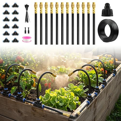 Kit de Riego por Goteo Automático 360° para Jardín, 15m Manguera con 12 Boquillas Nebulizadoras Ajustables en Latón, Instalación Rápida para Macetas, Huerto, Terraza, Césped