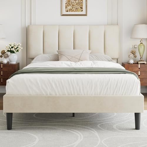 VECELO Polsterbett 140 x 200 cm, Doppelbett mit höhenverstellbarem Samt-Kopfteil, stabilem Holzlattenrost, geräuscharm, einfache Montage, modernes Bettgestell für Schlafzimmer, Beige