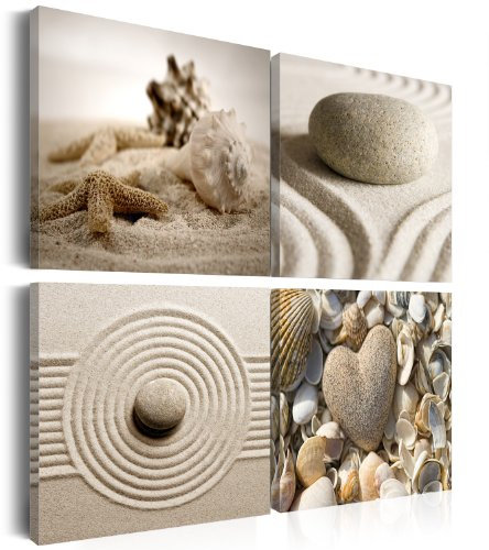 B&D XXL - Wandbilder Set Muscheln 40x40 cm 4 Teilig je 20x20 Vlies Leinwandbild Kunstdruck modern Wandbilder XXL Wanddekoration Design Wand Bild mehrteilig - Natur Strand Spa 9060108