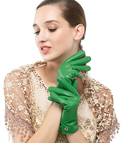 Nappaglo Damen Italienisches Lammfell Leder Handschuhe Touchscreen Winter Warm Langes Fleecefutter Handschuhe (M (Umfang der Handfläche:17.8-19.0cm), Grün(Non-Touchscreen))