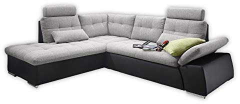 Stella Trading JAKARTA Ecksofa mit Schlaffunktion und Stoffbezug, Schwarz / Silber - Ausziehbares Schlafsofa mit steckbaren Kopfstützen & Kissen - 260 x 103 x 219 cm (B/H/T) Links