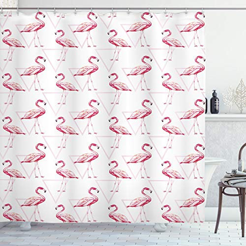 ABAKUHAUS Flamingo Duschvorhang, Geometrisch, Stoffliches Gewebe Badezimmerdekorationsset mit Haken, 175 x 180 cm, Pfirsich Weiß Rosa