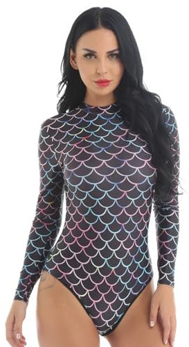 dPois Damen Meerjungfrau Badeanzug Langarm Schwimmanzug Bademode mit Fischschuppe Druck UV-Schutz Beachwear Badebekleidung Schwarz S/M