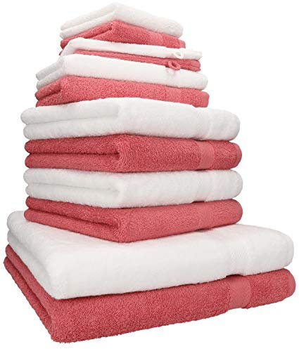 Betz 12-TLG. Handtuch Set Premium 100% Baumwolle 2 Duschtücher 4 Handtücher 2 Gästetücher 2 Seiftücher 2 Waschhandschuhe weiß/Himbeere