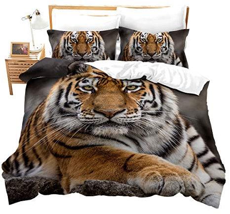 Loussiesd Kinder Bettwäsche Set 2 Teilig 155x220 cm Tier Muster Microfaser Bettbezug Set für Jungen Mädchen Tiger Muster Weich Atmungsaktiv Betten Set mit 1 Kissenbezug 80x80 cm