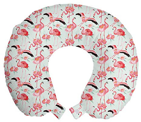 ABAKUHAUS Flamingo Reisekissen Nackenstütze, Tropic Vögel mit Pfingstrosen, Schaumstoff Reiseartikel für Flugzeug und Auto, 30x30 cm, Pale Pink Mint Green