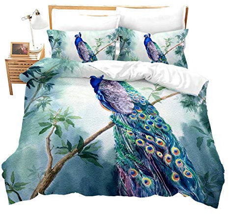 Chinoiserie schickes Pfauen-Bettwäsche-Set, Garten, botanischer Vogel und Äste, Vintage-Stil, stilisiert, Tribal-Pfauenfedern, dekoratives Bettdeckenbezug-Set mit 2 Kissenbezügen, Kingsize, Blau