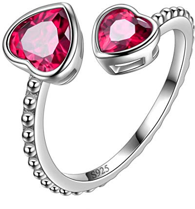 Aurora Tears Juli Birthstone Love Heart verstellbare Ringe 925 Sterling Silber Birthstone Double Heart Open Ring Geburtsstein Schmuck Geschenke für Frauen und Männer DR0109R