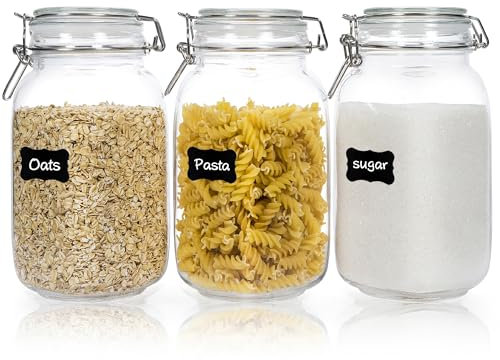 Chefstory Tarros de vidrio herméticos de 55 onzas con tapas, 3 botes de almacenamiento de alimentos para la cocina y la despensa organización y almacenamiento, recipientes cuadrados para almacenar
