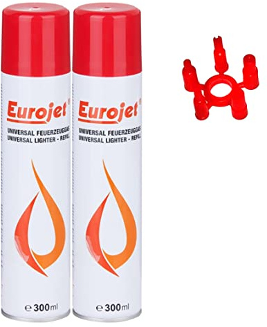 EUROJET Feuerzeuggas zum nachfüllen 2 x 300ml Nachfüllflasche Nachfüllgas Kartusche mit Adapter Feuerzeug Gas für Küchenbrenner Flambierbrenner