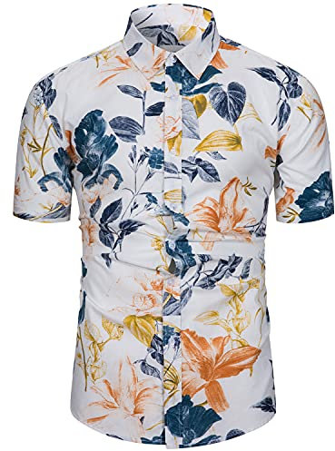 fohemr Mens Floral Shirt Short Sleeve Casual Flower Print Button Down Hawaiian Shirt 100% Cotton Blue Orange Floral Print X-Large