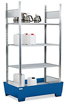 Regal für Gefahrstoffe, 1236 mm x 2100 mm x 816 mm, silber/blau, zur Lagerung von Kleingebinde, 4 verzinkte Gitterrosten, mit Bodenwanne aus Stahl