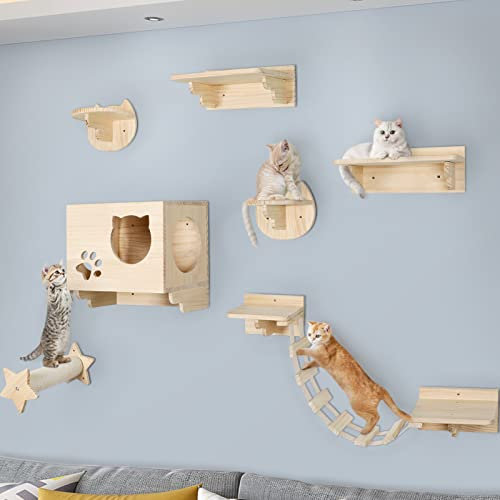 La La Pet® 9 Stück Holz Katzenregale und Sitzstangen für Wand Katzentreppe Leiter Wandmontage Katzenmöbel Katzenbett Katzenbaum Aktivitätsbaum Klettern Struktur Modernes Katzenkletter-Set