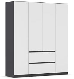 Rauch Möbel Mainz Schrank Kleiderschrank Drehtürenschrank Weiß/Grau metallic, Schwarz, 4-türig mit 2 Schubladen inkl. Zubehörpaket Basic 3 Einlegeböden, 3 Kleiderstangen, grifflos BxHxT 181x210x54 cm