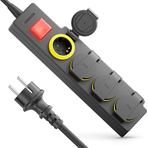 deleyCON 4 Fach Outdoor Steckdosenleiste Stromleiste mit 5m Kabel für Außenbereich 4X Schutzkontaktbuchsen IP44 Spritzwassergeschützt EIN/AUS Schalter Garten Terrasse Balkon Keller Garage