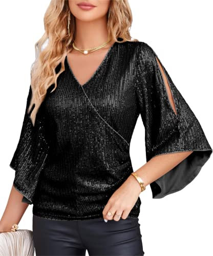 GRACE KARIN Women Long Sleeve Tops for Winter Sexy V-Neck Chiffon Flounce Sleeve Sequin Top Elegant Cocktail Party Shirt Black 2XL