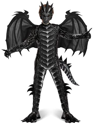 Spooktacular Creations Kinder Dragon Kostüm, dunkler Drachen Jumpsuit, Jungen Drachenflügel, Schwanz und Masken-Set für Halloween Dress Up-S