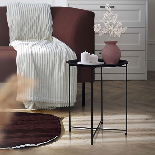 ML-Design Beistelltisch rund Ø43xH52 cm aus Metall, Schwarz, Couchtisch mit abnehmbarem Tablett, klappbar, stabil, Wohnzimmertisch Sofatisch Kaffeetisch Nachttisch Gartentisch, für Getränke & Snacks