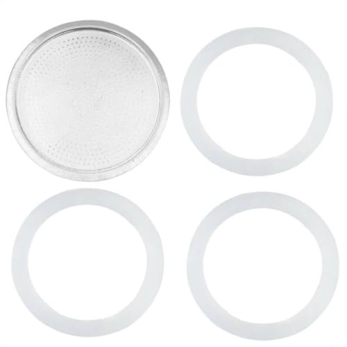 HEIBTENY 3 juntas de silicona y 1 filtro de aluminio para cafetera Moka, 9 tazas, White Silver