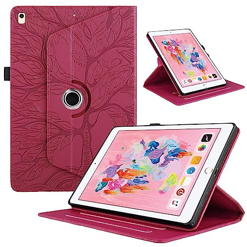 TEDTIKJT Tabletas Funda Compatible iPad 6/5. Generation 9.7 2018/2017 PU Cuero Cover Protectora iPad 6th Gen 360°Carcasa Giratoria de Soporte ángulo Múltiple con Auto-Sueño/Estela, Rojo Árboles