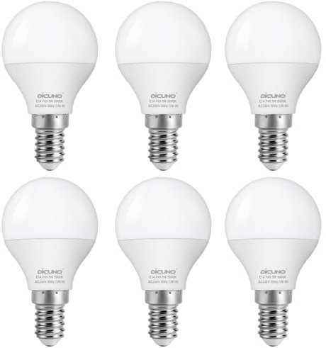 DiCUNO E14 LED Lampe 5W, Tageslichtweiß 5000K, ersetzt 50W Glühbirne, LED Leuchtmittel in Tropfenform P45/G45, 550LM, 220° Abstrahlwinkel, 230V, CRI90, nicht dimmbar, 6er Pack