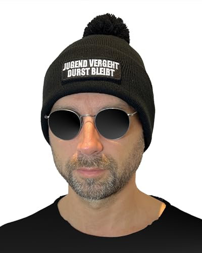 No Face No Name Wintermütze Jugend vergeht Durst bleibt in schwarz mit Bommel I Unisex I bestickter Aufnäher I Bommelmütze Mütze Beanie Strickmütze