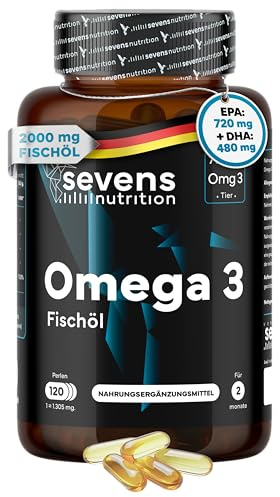 Omega 3 2000 mg Premium - Omegatex® - 720 mg EPA und 480 mg DHA | Weiche Gel-Kapseln - Höchste Konzentration EPA und DHA - Konzentriertes Fischölpräparat für Cholesterin - Sevens