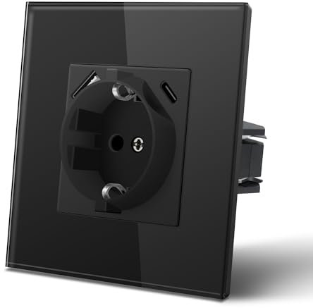 Toma de corriente MVAVA con USB C (máx. 5 V 2,1 A) 3 en 1 empotrada, tomas Schuko de cristal, fácil instalación, requiere 3 cables Negro