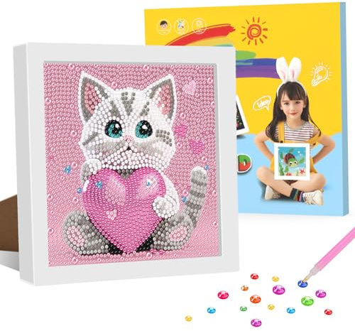 GHHKUD Diamond Painting mit Rahmen für Kinder, Katze Diamant Malerei Set, Bilder mit Geschenkbox, für 8-12 Jahre, Art Craft für Home Decor - 18x18cm