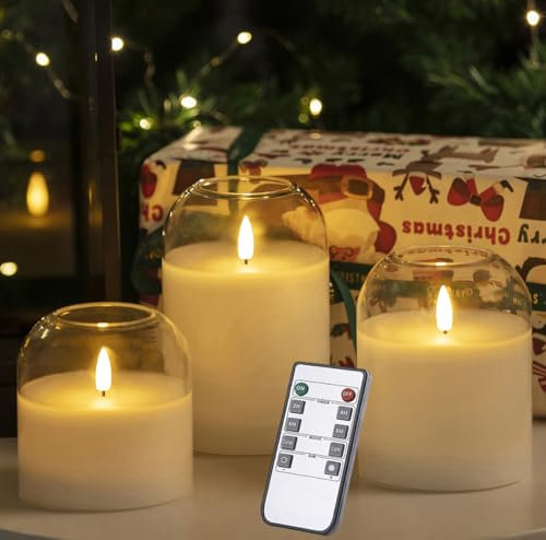 volnyus White Glass Flameless Candles Set of 3 (Φ 4 H 4 5 6) with Remote Battery Operated Flickering LED Pillar Candles Real Wax 3D Wick