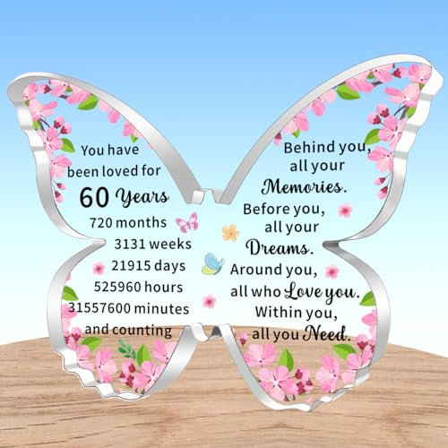 AMZQ Inspirational 60th Birthday Gifts for Women Transparent Butterfly Shape Acrylic Birthday Present Ideas for 60 Year Old Woman
