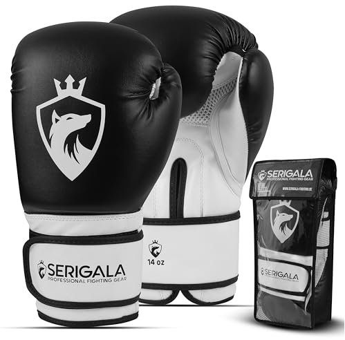 Serigala Boxhandschuhe mit idealer Stabilität und Schlagkraft - Punching Handschuhe für Boxen, MMA, Muay Thai, Boxsack Training und Sparring - Inklusive Tasche schwarz/weiß 14 oz