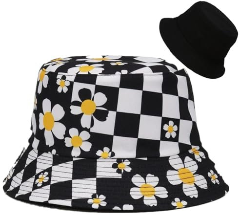 LANLYLGQ Fischerhut Beidseitig Tragen Unisex Herren Damen Sonnenhut UV Schutz Sommerhut Bucket Hat (Baumwolle, Blumen-Schwarz)
