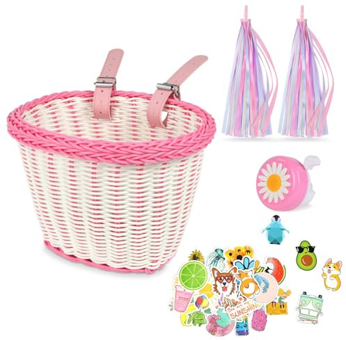 Flintronic Fahrradkorb Kinder, Fahrradkorb Geflochten für Mädchen und Kinder Vorne, Abnehmbar Fahrradkorb aus Rattan, mit Luftschlangen Fahrradklingel, Aufkleber (Rosa Weiß)