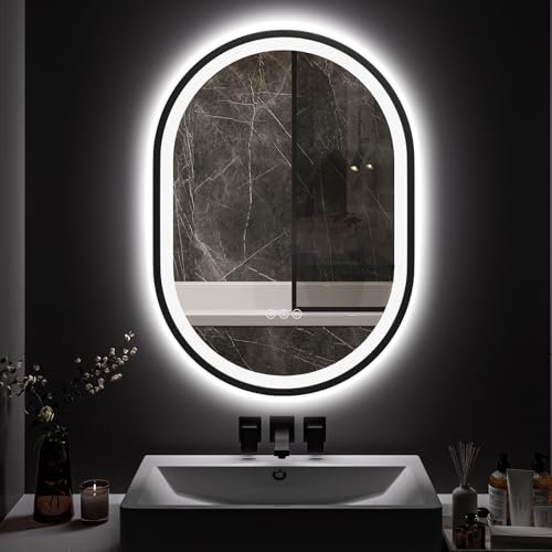 ChillCruiser Ovaler LED-Badezimmerspiegel mit Rahmen 600 x 800 mm beschlagfrei dimmbar Badezimmerspiegel mit LED-Beleuchtung Badezimmerspiegel zur Wandmontage 3 Farben Memory schwarzer Rahmen