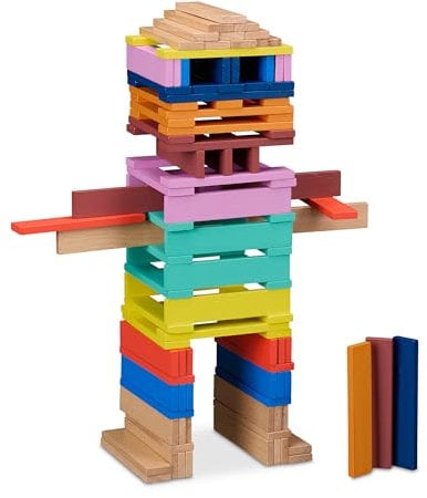 Relaxdays Holzbausteine, 100er Set, HxBxT: 12 x 2,5 x 0,7 cm, Holz, zum Bauen & Basteln, Bausteine ab 3 Jahren, bunt