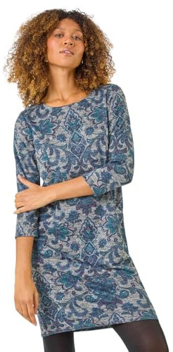 Roman Originals Women Shift Dress with Pockets - Ladies Autumn Winter Tunic 3/4 Length Sleeve Knee Length Smart Casual Office Work Cocktail Party Round Neckline Comfy Soft - Blue Multi - Size 20