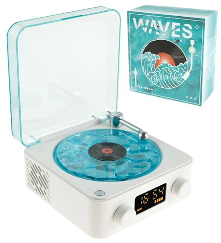 The Waves Vinyl Record Player with Light and Time, Retro Waves Vinyl Bluetooth Speaker, Home Audio Record Players Compatible with Bluetooth, TF, AUX Mode, Portable Old Ethylene Album for Bedroom Party