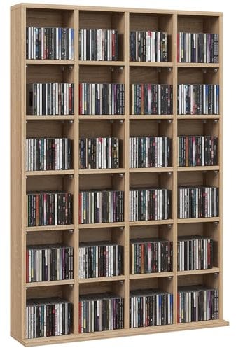 HOMCOM Rangements pour CD et DVD, Meuble de Rangement multimédia avec 24 Compartiments, capacité Max. 456 CD/ 336 DVD, bibliothèque en Bois avec étagères réglables, 89 x 20 x 130,5 cm, Bois Naturel