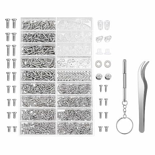 1000pcs Eyeglass Screws Kit, 7 in 1 Glasses Screw Repair Kit for Spectacle Sunglass or Watch Back Small Glass Screws Kit for Glasses Repair with Screwdriver Tweezer Nuts Caps Washers