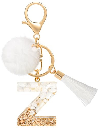 MWOOT Porte Clé Lettre Z Peluche Tassel, Initial Résine Personnalisé Keychain Or Blanc, Porte Clef Lettre Pendentif Décoratif, Kawaii Porte Clef Voiture Charm, Idee Cadeau D'Anniversaire pour Femme