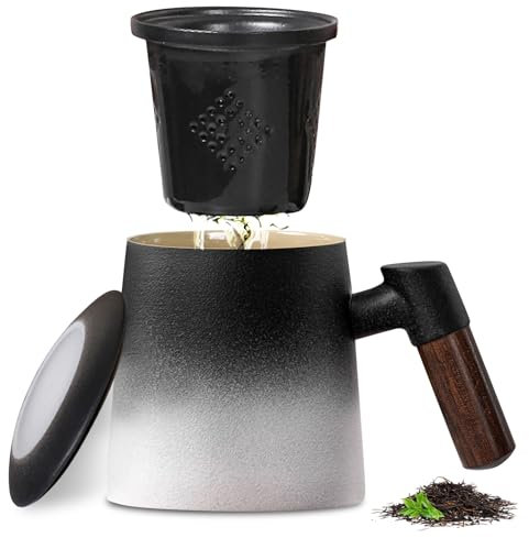 Teetasse Mit Deckel Und Sieb, 420ml Teetasse Mit Teesieb Und Deckel, Holzgriff Teebecher, Matte Keramik Teetassen, Teetasse Mit Sieb, Tee Tasse (Schwarz und weiß)