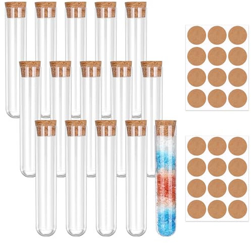 Tatxmalv 15 Stück Reagenzglas, Transparent Reagenzgläser, Kunststoff Reagenzgläser mit Korken, Reagenzglas mit 24 Piece Sticker, für Blumen, Labortisch (16 * 100mm)