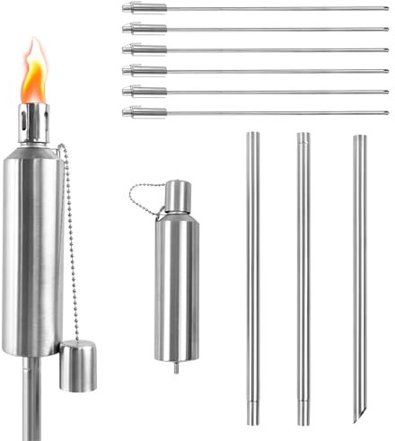 NAIZY 6x Edelstahl Gartenfackeln 115cm Ölfackeln mit Glasfaserdocht, Löschkappe und 330ml Öllampe, für Außen- und Innenbereich