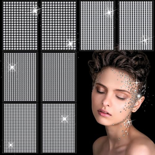 KEYRI 3216 Pezzi Strass Adesivi, 8 Fogli Brillantini Viso Brillantini | Adesivi Brillantini Make Up Autoadesivo Glitter Brillantini Viso Decorazioni per Unghie Acrilico Strass per Viso (Argento)