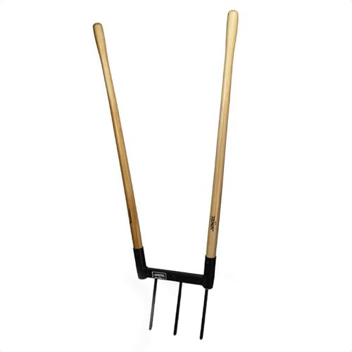 De Woeler DW3 Broadfork Fourche à creuser avec 3 dents en acier inoxydable (23 cm), manche ergonomique en bois FSC, pour aérer le sol et l'entretien des parterres, outil de jardinage robuste pour sol