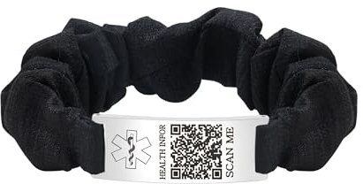 JunyiDIY Personalisiertes QR-Code Medizinisches Armband, Individuell Graviertes Informationsarmband Schwarzes Organza-Band Notfall-ID für Angehörige Familie YA5426